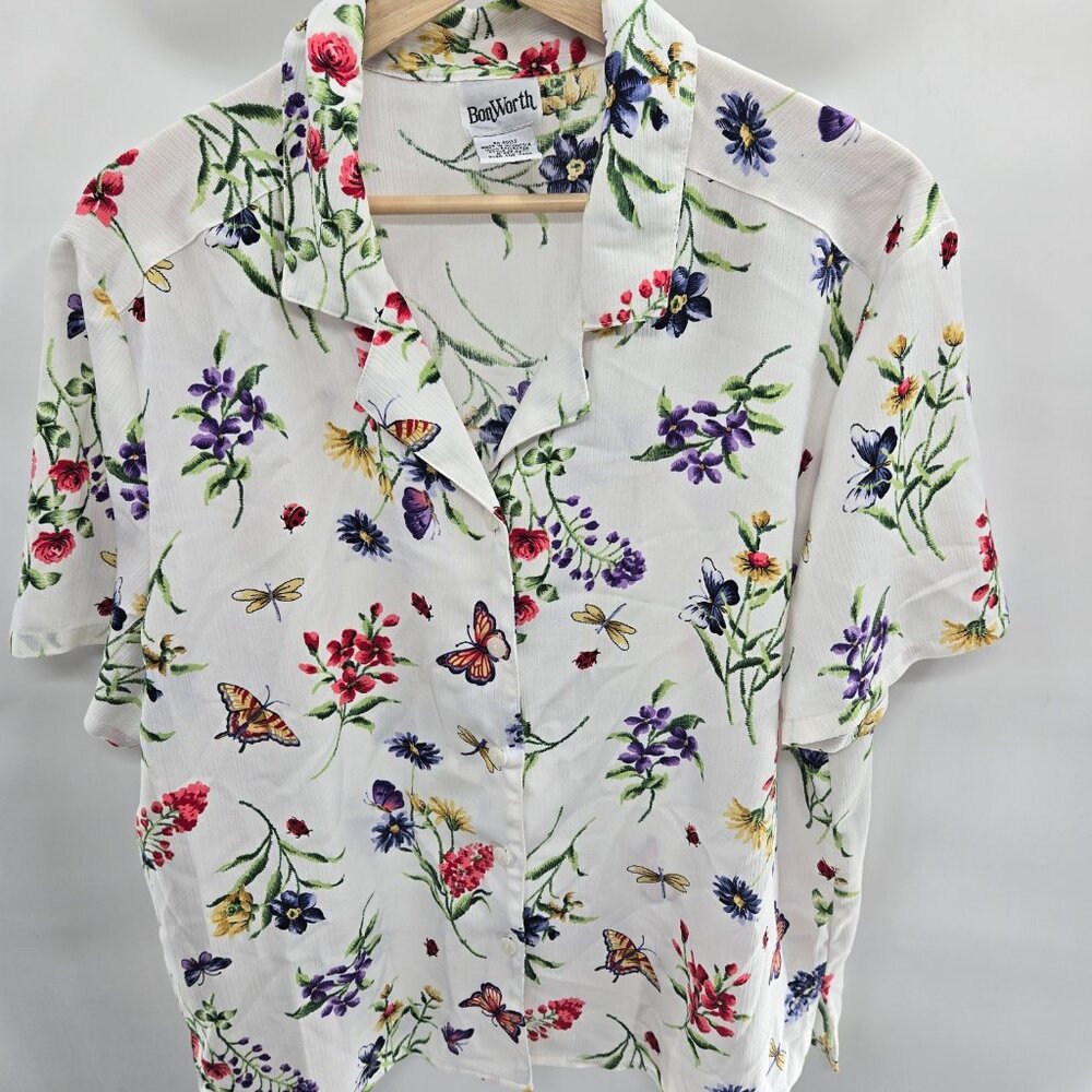 Vintage BonWorth White Floral Butterfly Button Down Shirt Size Medium Petite